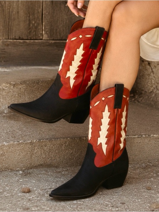 Vintage Shoes - Vintage Black & Red Leather Cowboy Boots Western Pointed Toe Size 8